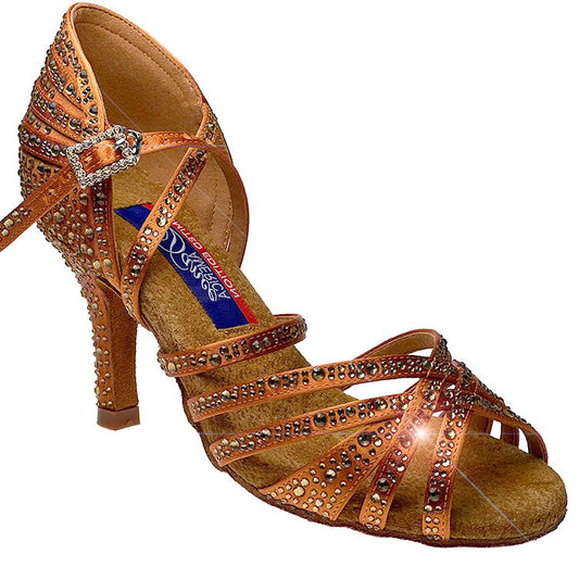 Dance America Limited Edition Vegas Dark Tan Satin Latin Dance Shoe with Slim Heel (Available with Rhinestones)