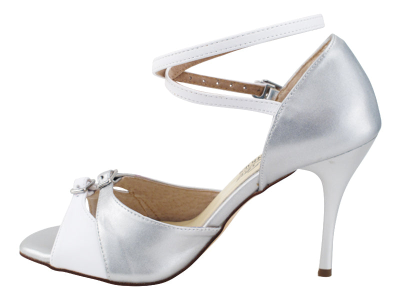 Very Fine VFTango 020 Light Silver Leather & White Leather Ladies Tango Shoes with Criss Cross Ankle Shoes