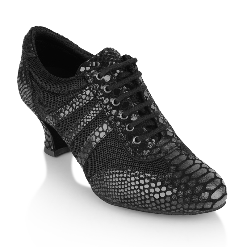 Ray Rose 418 Tiber Black Croc Leather/Black Mesh Ladies Practice Dance Shoe with Cuban Heel