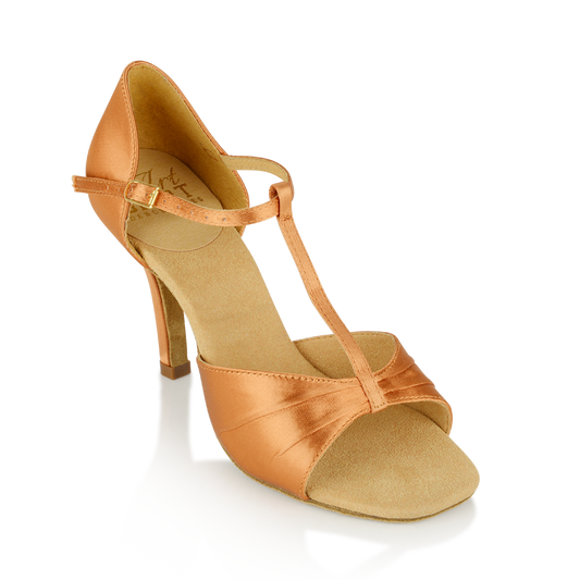 Ray Rose Light Tan Satin Ladies Latin Dance Shoe with T-Strap H814-X Frost_SALE