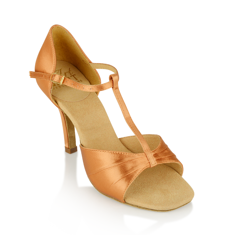 Ray Rose H814-X_in Frost Light Tan Satin Ladies Latin Dance Shoe with Ruched Front and T-Strap