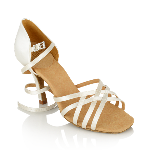 White Satin Ray Rose Latin Shoe with Adjustable Ankle Strap with Clear Crystal Details and Woven Tie Straps