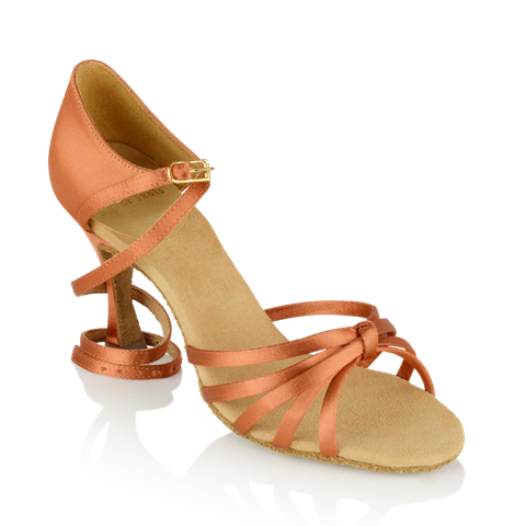 Partial Side View of Ray Rose Drizzle Latin Dance Shoes in Dark Tan Satin with unbuckled ankle strap and five toe straps connected at center with single knot for detail and stability