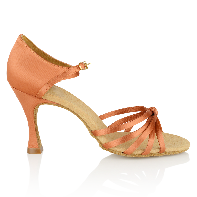 Side view of ladies latin shoe in dark tan satin with five toe straps connected by single knot at center for detail and stability