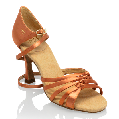 Dark Tan Satin latin shoes with unbuckled ankle strap and tied woven toe straps