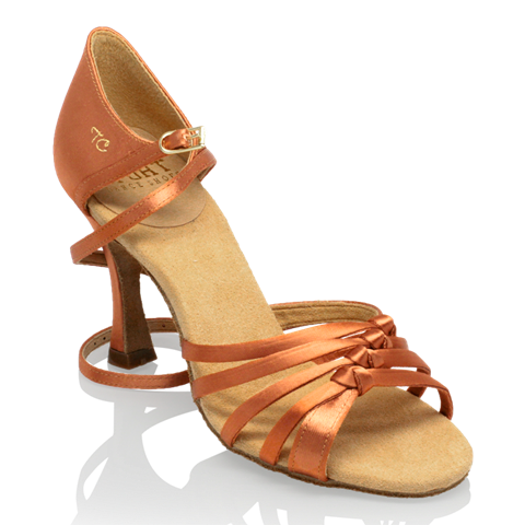 Dark Tan Satin latin shoes with unbuckled ankle strap and tied woven toe straps