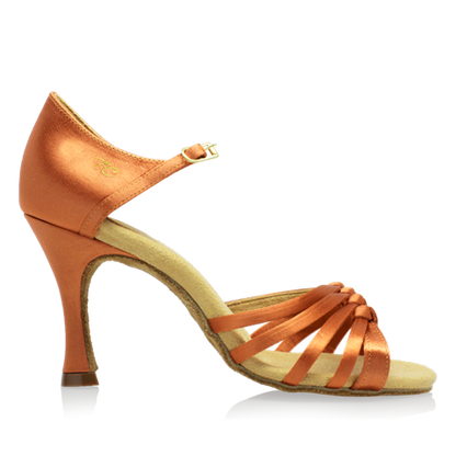 Side view of latin dance shoe with buckled ankle strap and tied toe straps