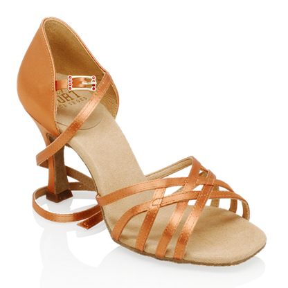 Light Tan Satin latin dance shoes with adjustable ankle strap  and toe strap styled into a weave 