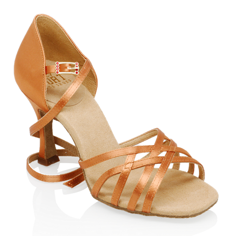 Light Tan Satin latin dance shoes with adjustable ankle strap  and toe strap styled into a weave 