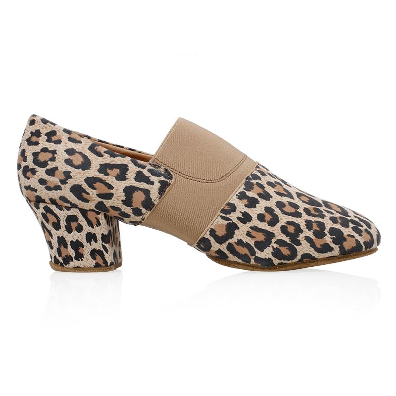ballroom shoes with leather and elastic leopard print design