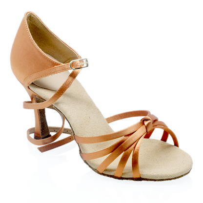 Partial Side View of Ray Rose Drizzle in Light Tan Satin with long, adjustable ankle strap and 5 toe straps coming together in a single knot