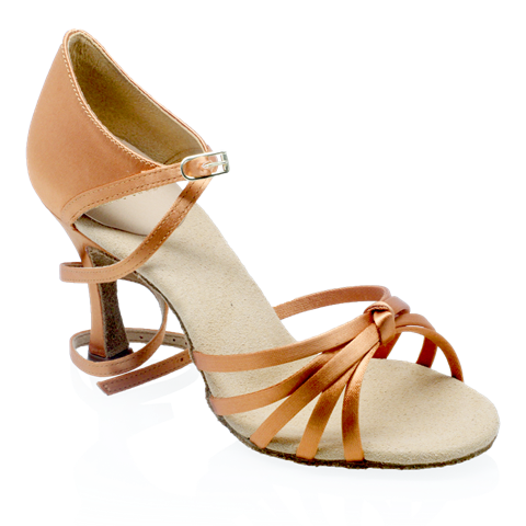 Partial Side View of Ray Rose Drizzle in Light Tan Satin with long, adjustable ankle strap and 5 toe straps coming together in a single knot