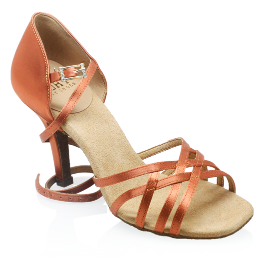 Side perspective of unbuckled dark tan satin latin shoe with woven straps