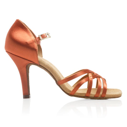 Direct side perspective of buckled dark tan satin latin dance shoes with 5 straps woven at toes