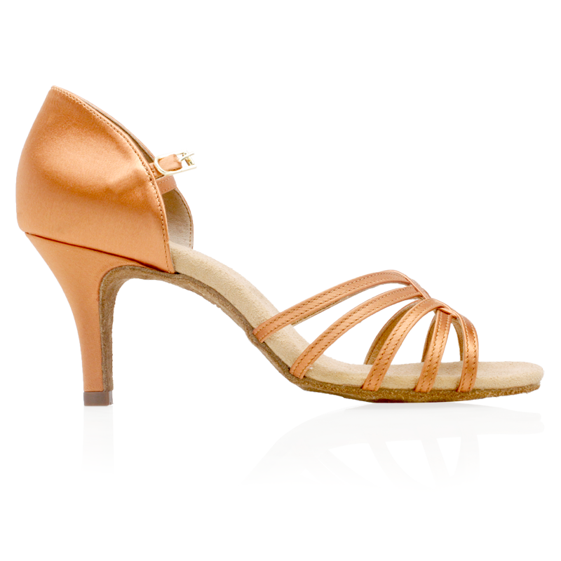 light tan satin latin dance heel side view