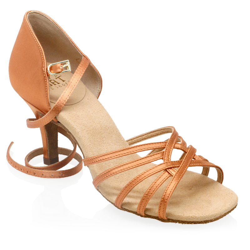  Adjustable Wrap-Around Ankle Strap and Toe Straps with a tight weave design Partial Side View of Dark Tan Satin Ladies Latin Shoe 