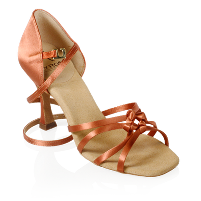 Ray Rose Latin shoe in dark tan satin with a hook buckle with the ankle strap and tied toe straps