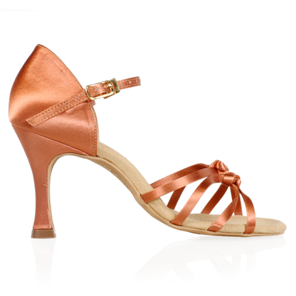 Side view of Ray Rose Colorado Latin dance shoes in dark tan satin, showing the knots on the toe straps and the buckled look of the hook buckle on the ankle strap