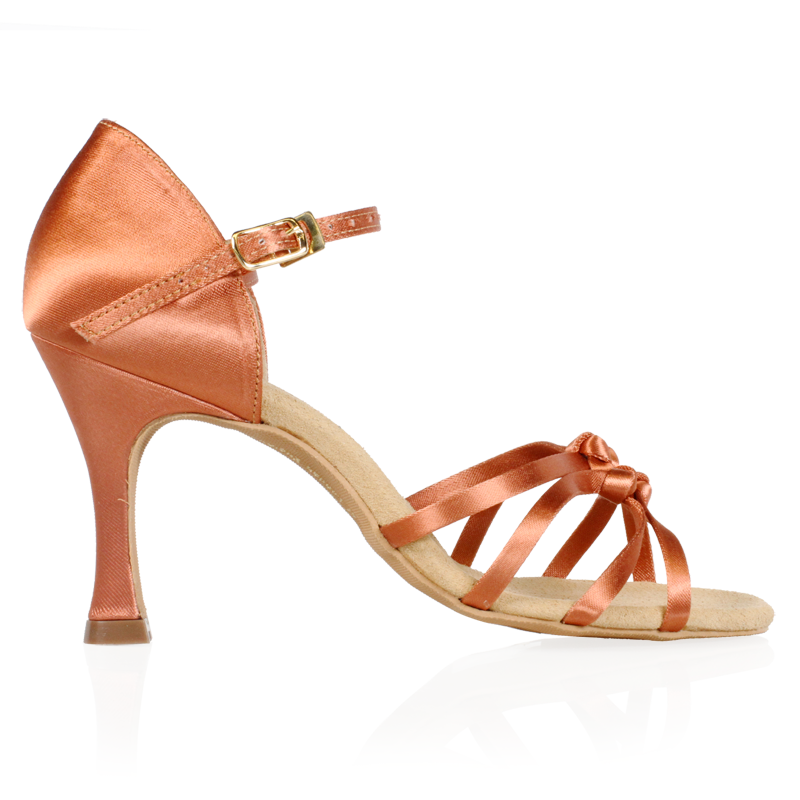 Side view of Ray Rose Colorado Latin dance shoes in dark tan satin, showing the knots on the toe straps and the buckled look of the hook buckle on the ankle strap