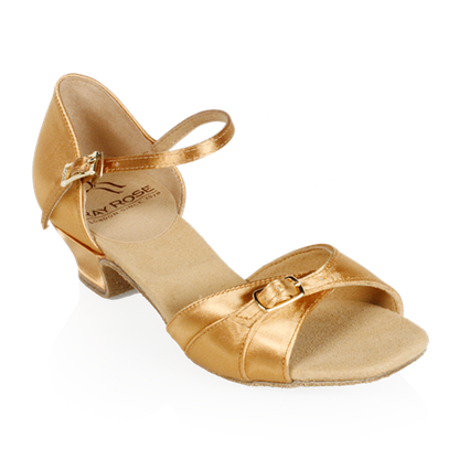 Girls latin shoes with buckled adjustable ankle strap and thick three-part toe strap buckled at center with Ray Rose logo on back of footbed