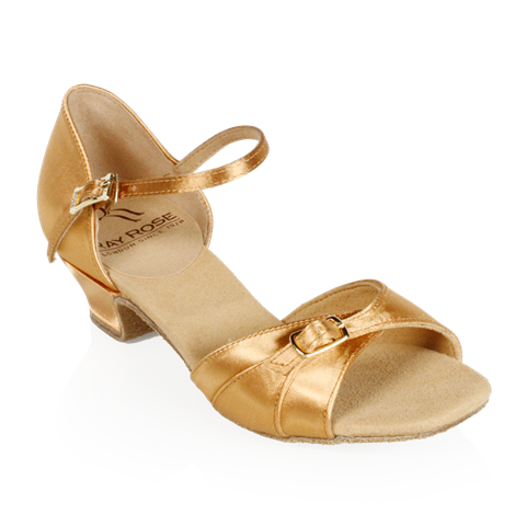 Girls latin shoes with buckled adjustable ankle strap and thick three-part toe strap buckled at center with Ray Rose logo on back of footbed