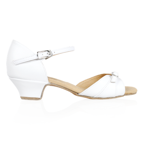 Side view of Ray Rose girl's Dewdrop latin shoes in White leather showing adjustable ankle strap and side details of adjustable toe strap