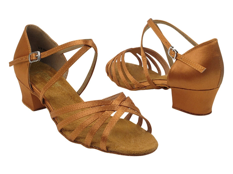 Very Fine 1670C Dark Tan or Brown Satin Ladies Latin Dance Shoe with Cross Ankle Strap and 1.5" Heel