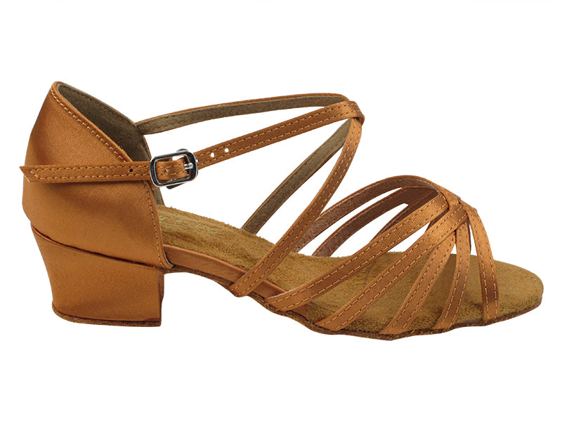 Very Fine 1670CG Dark Tan Satin Girl's Youth Practice Dance Shoe with Cross Ankle Strap and 1.5" Heel