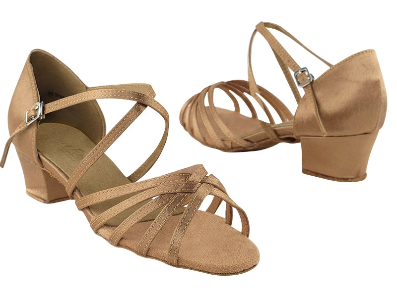 Very Fine 1670C Dark Tan or Brown Satin Ladies Latin Dance Shoe with Cross Ankle Strap and 1.5" Heel