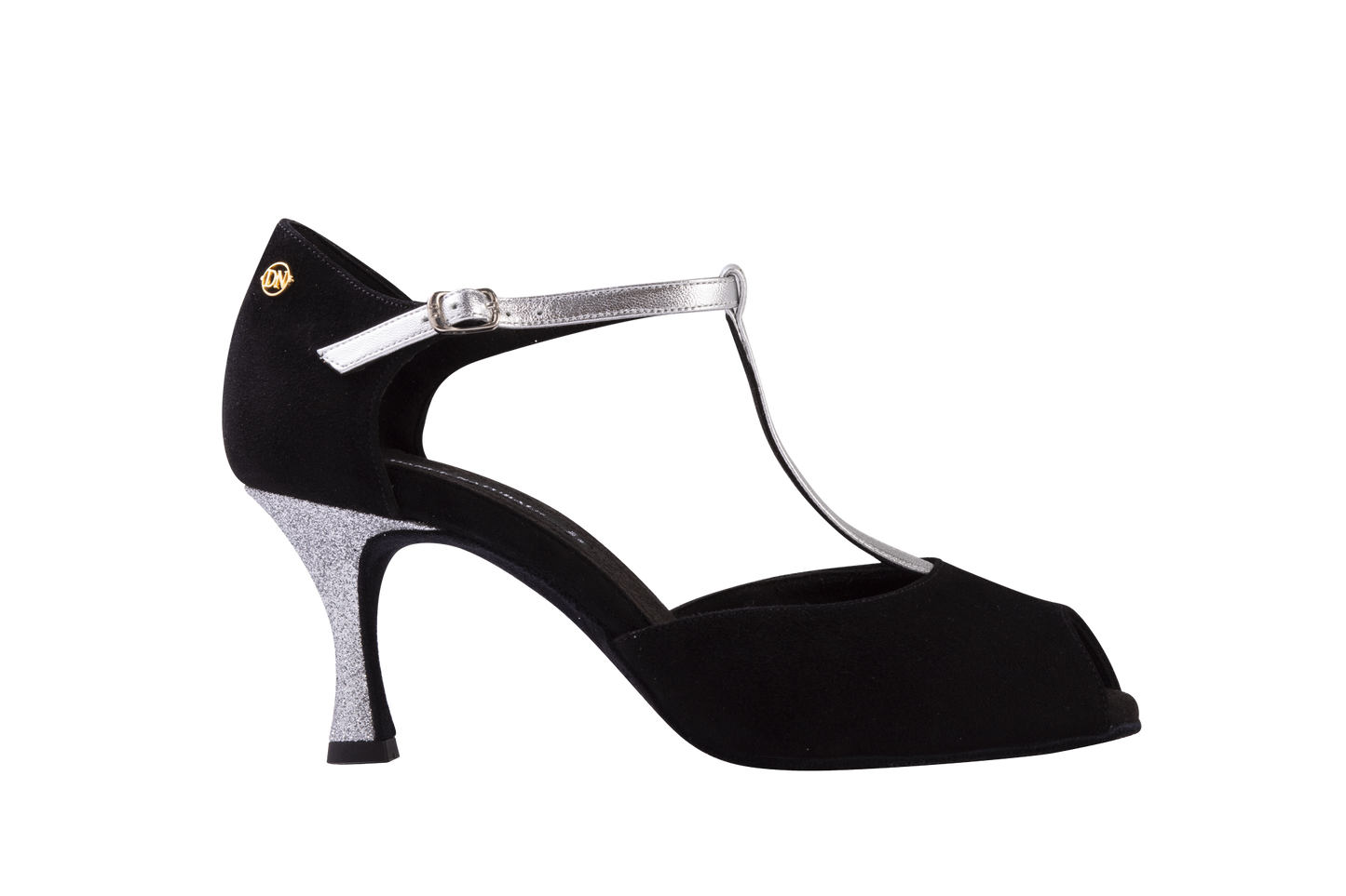 Dance Naturals Pellestrina Ladies Black Suede/Silver Platinum Tango Dance Shoe with T-Bar Strap and Glitter Heel