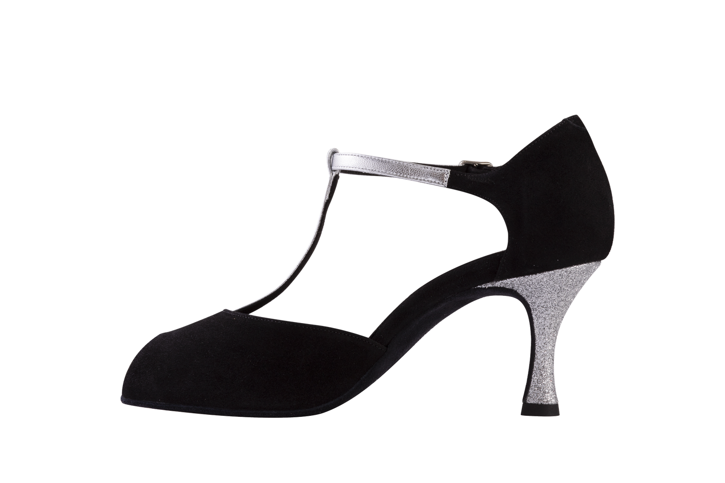 Dance Naturals Pellestrina Ladies Black Suede/Silver Platinum Tango Dance Shoe with T-Bar Strap and Glitter Heel
