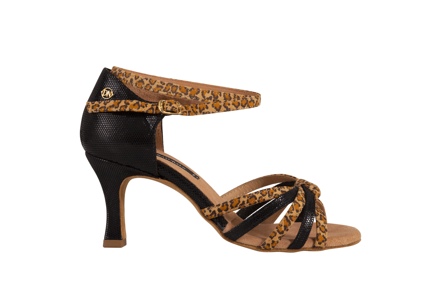 Dance Naturals 25 Canoa Black/Leopard Print Knotted Multi-Strap Latin Dance Shoe with Double Ankle Strap