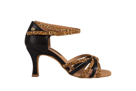 Dance Naturals 25 Canoa Black/Leopard Print Knotted Multi-Strap Latin Dance Shoe with Double Ankle Strap