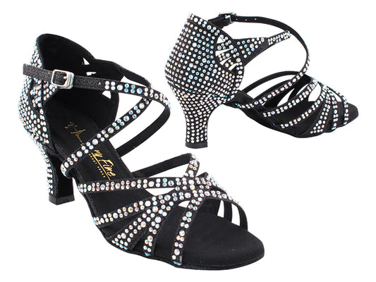Very Fine 3037Bling Black Glitter Satin Ladies Latin Dance Shoe with AB Crystal Rhinestones and Ankle Strap