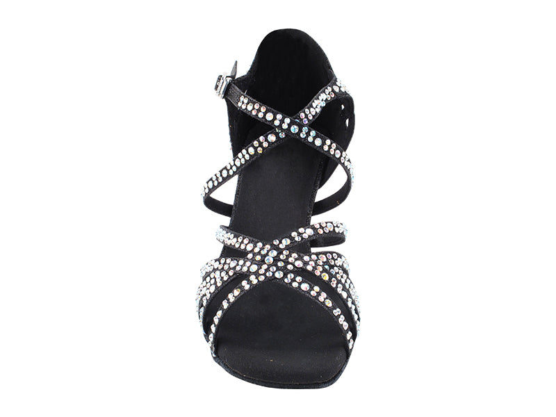 Very Fine 3037Bling Black Glitter Satin Ladies Latin Dance Shoe with AB Crystal Rhinestones and Ankle Strap