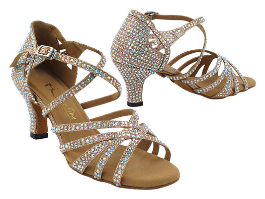 Very Fine 3037Bling Champagne Glitter Satin Ladies Latin Dance Shoe with AB Crystal Rhinestones and Ankle Strap