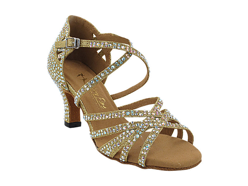 Very Fine 3037Bling Gold Glitter Satin Ladies Latin Dance Shoe with AB Crystal Rhinestones and Ankle Strap
