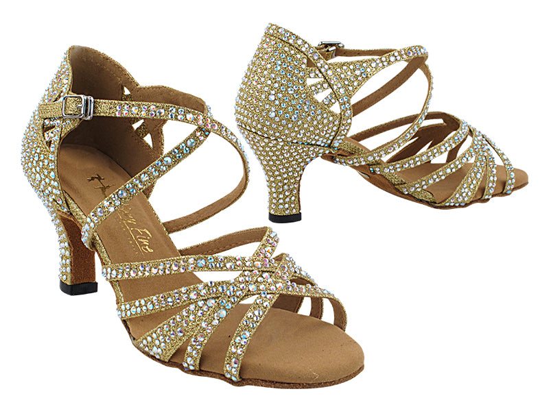 Gold Glitter Satin Ladies Latin Dance Shoe with AB Crystal Rhinestones