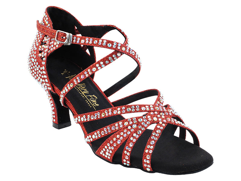 Very Fine 3037Bling Red Glitter Satin Ladies Latin Dance Shoe with AB Crystal Rhinestones and Ankle Strap