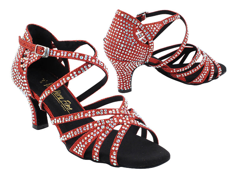 Very Fine 3037Bling Red Glitter Satin Ladies Latin Dance Shoe with AB Crystal Rhinestones and Ankle Strap