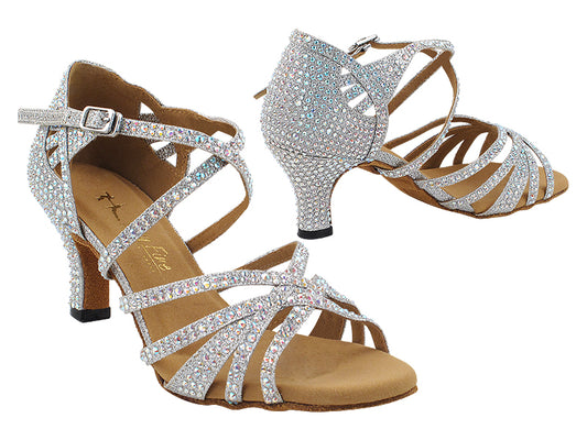 Very Fine 3037Bling Silver Glitter Satin Ladies Latin Dance Shoe with AB Crystal Rhinestones and Ankle Strap