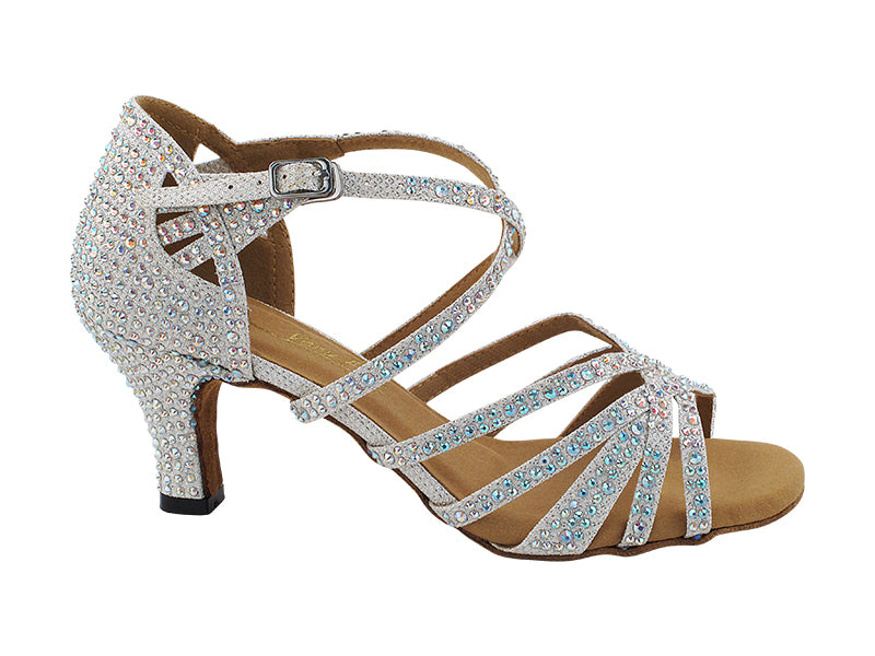 Very Fine 3037Bling White Glitter Satin Ladies Latin Dance Shoe with AB Crystal Rhinestones and Ankle Strap