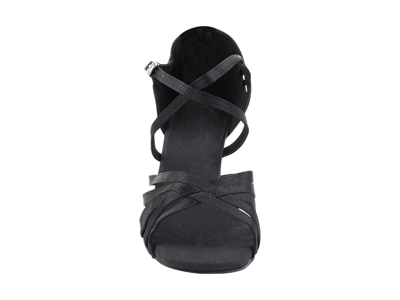 Very Fine 3037LEDSS Black Satin Ladies Latin Dance Shoe with Cross Ankle Strap