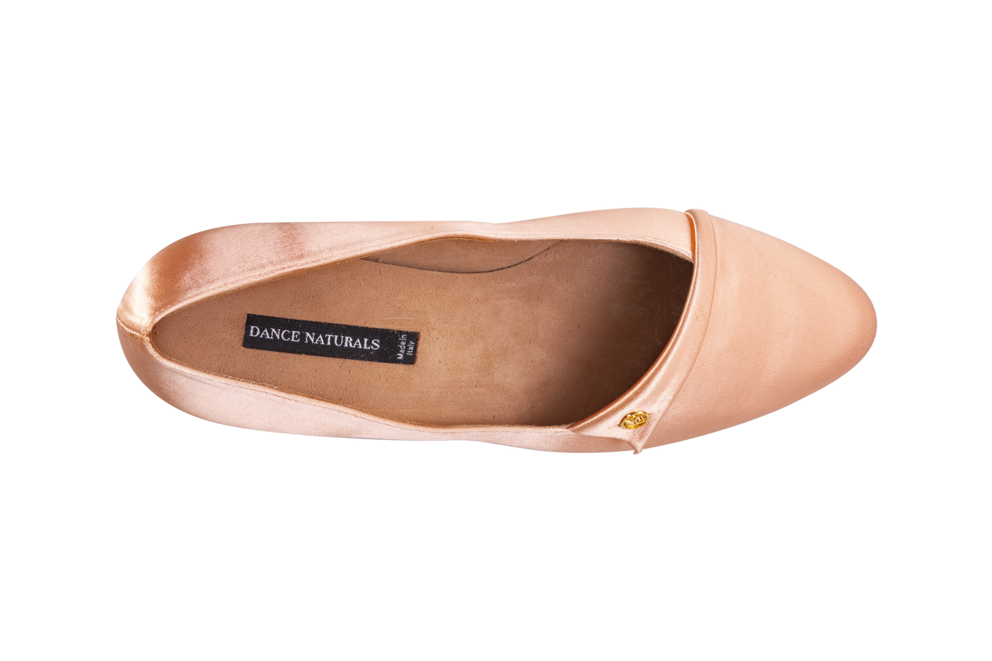 Dance Naturals 400 Lucietta Flesh Satin Rounded Toe Ballroom Shoe Embellished by a Fine Lapel