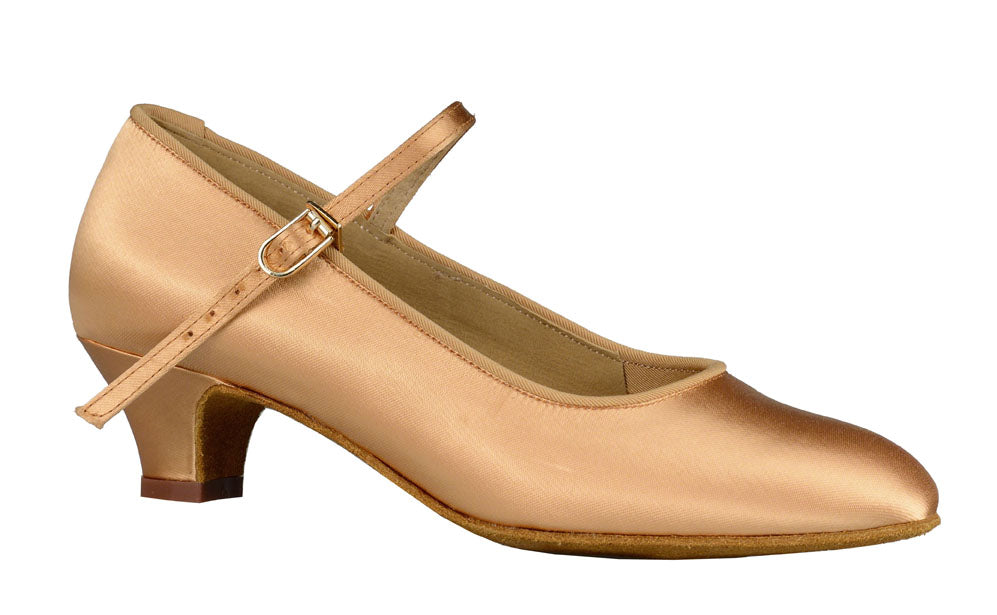 Dance America Children's Light Tan Satin Ballroom Shoe with Single Strap and 1.4" Heel Logan_SALE