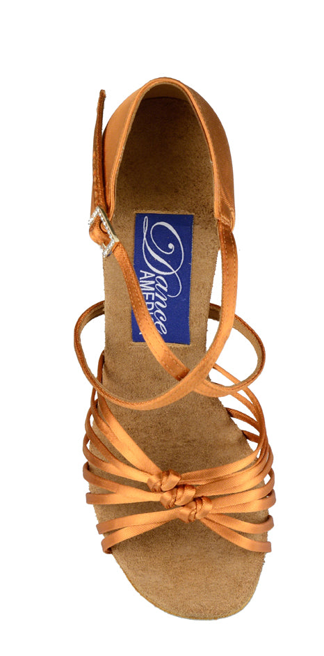 Dance America Cheyenne Ladies Dark Tan Satin Latin Shoe with 8 Straps and Triple Knot Vamp