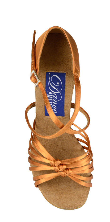 Dance America Cheyenne Ladies Latin Shoe in Tan Satin with 8 Straps and Triple Knot Vamp