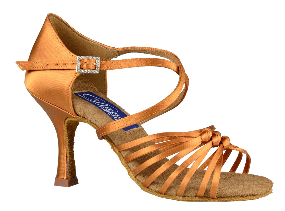Dance America Cheyenne Ladies Latin Shoe in Tan Satin with 8 Straps and Triple Knot Vamp