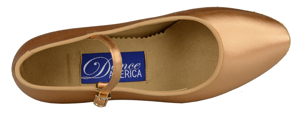 Dance America Logan Children's Light Tan Satin Ballroom Shoe with Single Strap and Low Block Heel