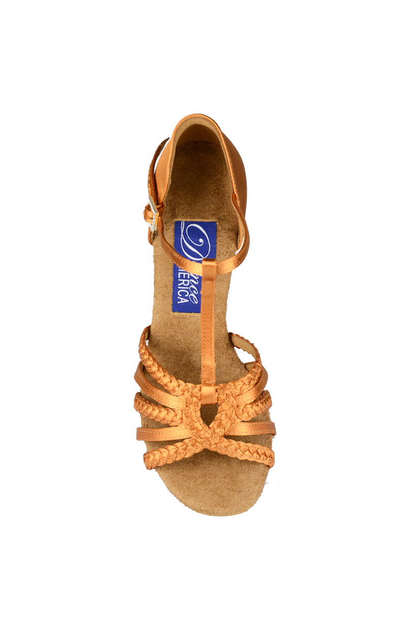Dance America Madison Ladies Latin Shoe in Dark Tan Satin with T-Strap, Braided Strapping, and Elegant Loop Detail